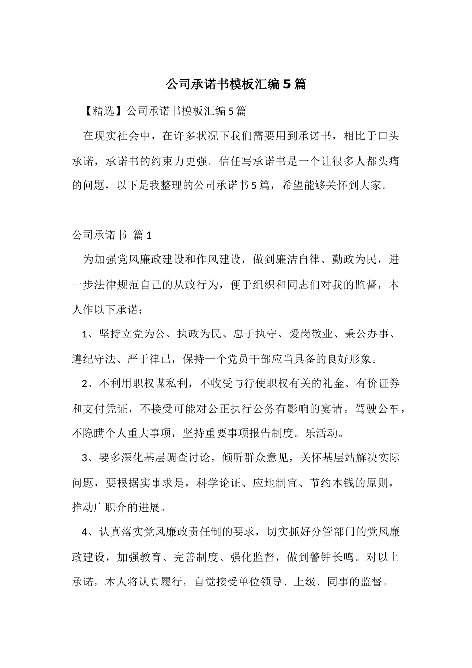 公司承诺书模板汇编5篇_第1页