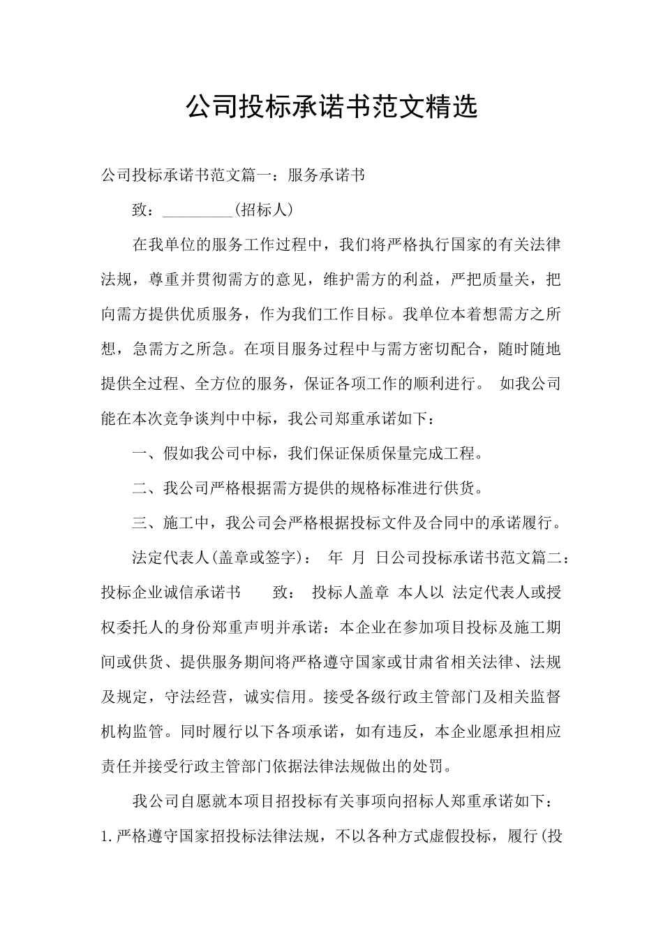 公司投标承诺书范文精选_第1页