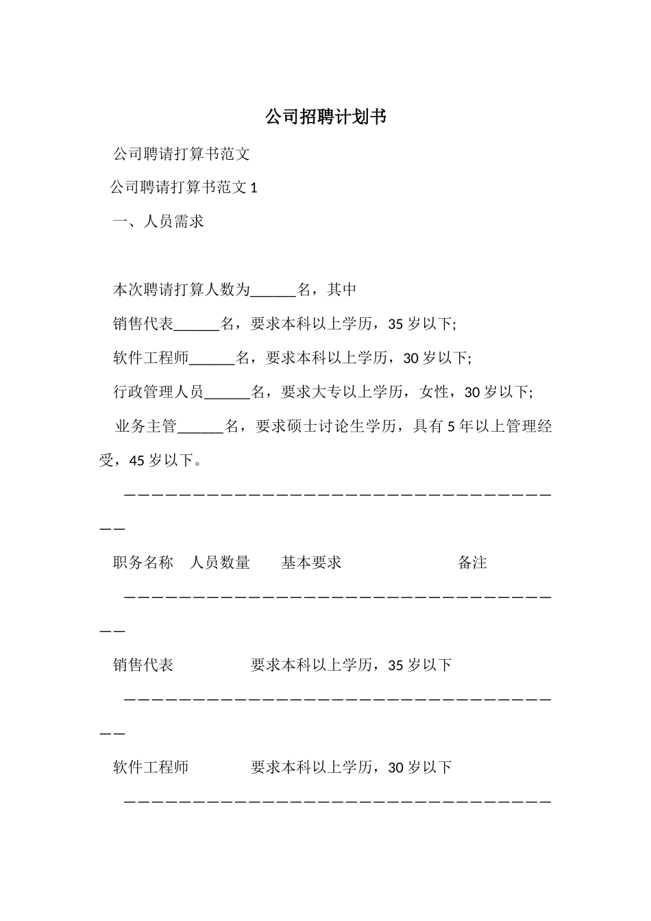 公司招聘计划书_第1页