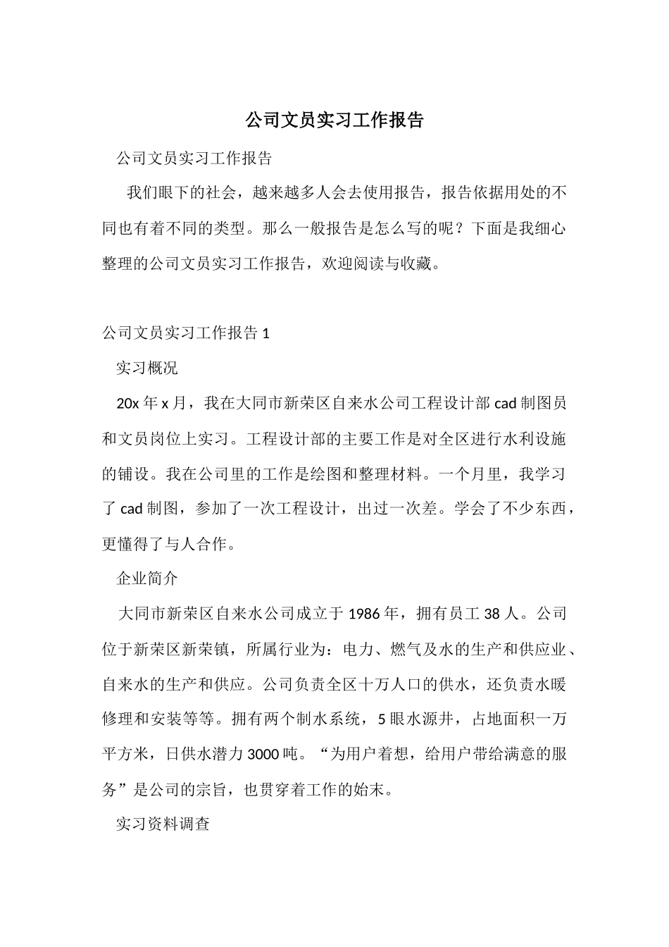 公司文员实习工作报告_第1页