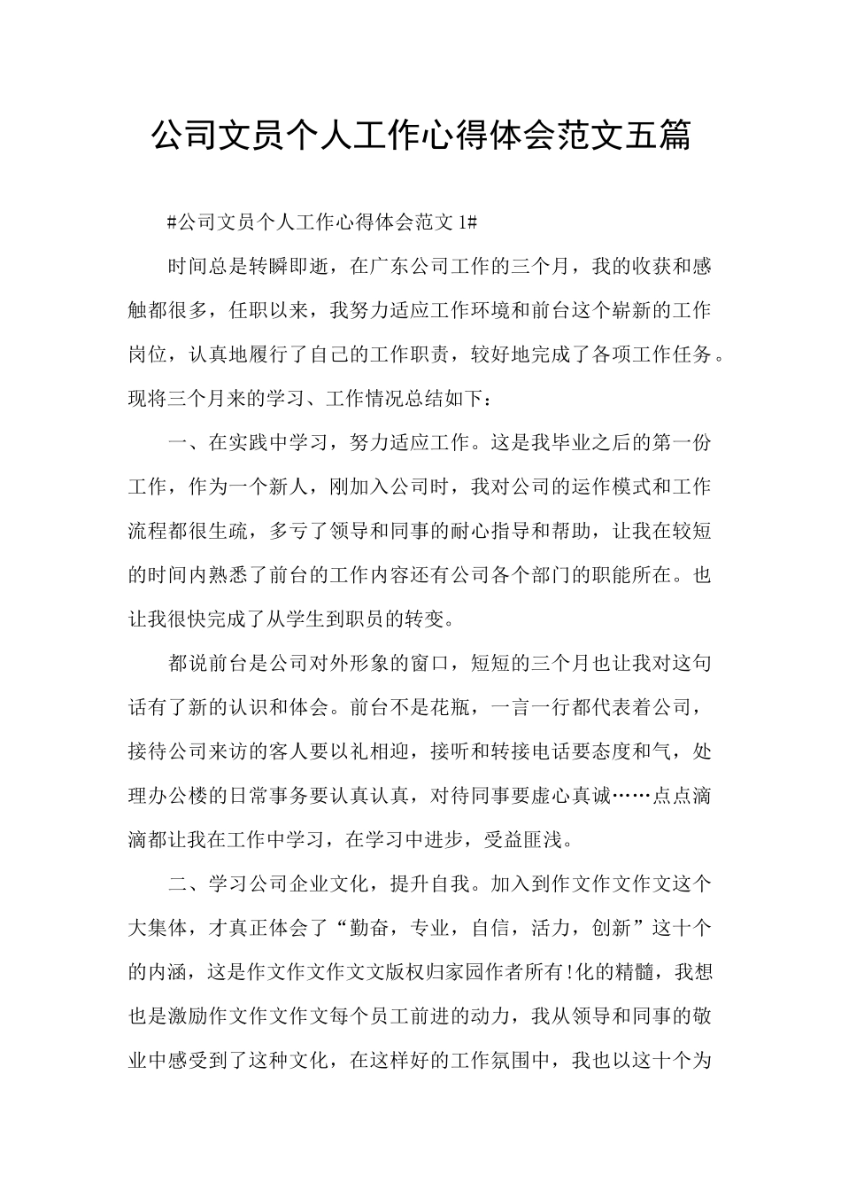公司文员个人工作心得体会范文五篇_第1页