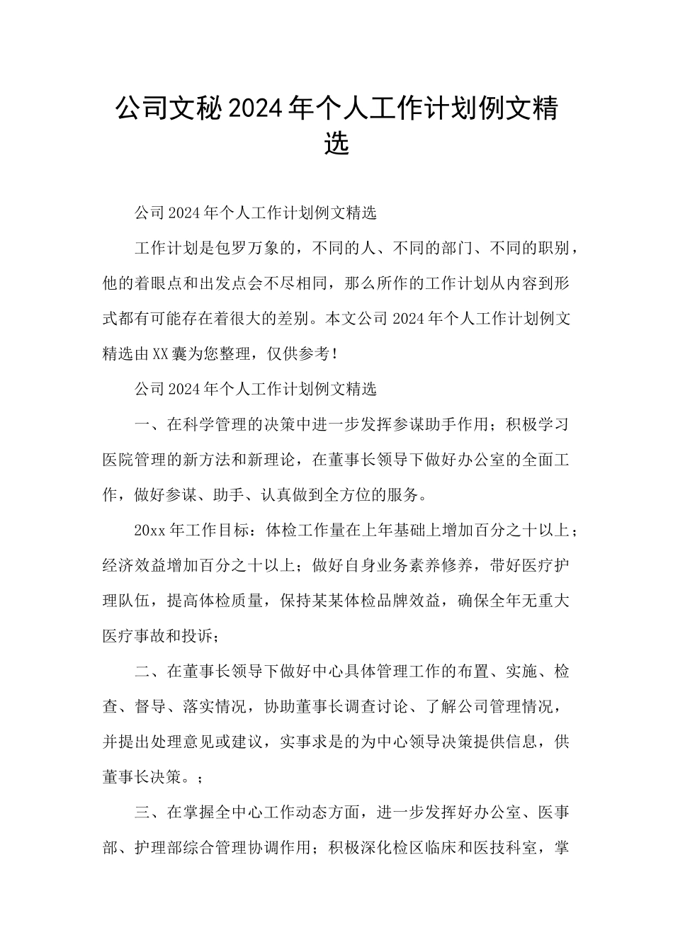 公司文秘2024年个人工作计划例文精选_第1页