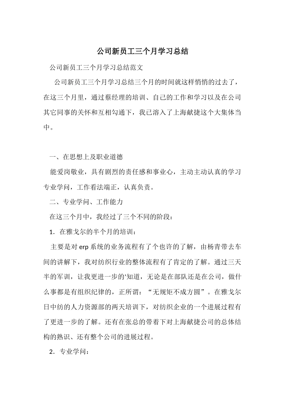 公司新员工三个月学习总结_第1页