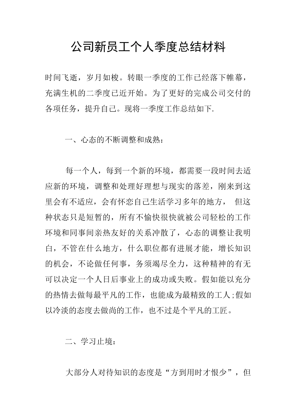 公司新员工个人季度总结材料_第1页