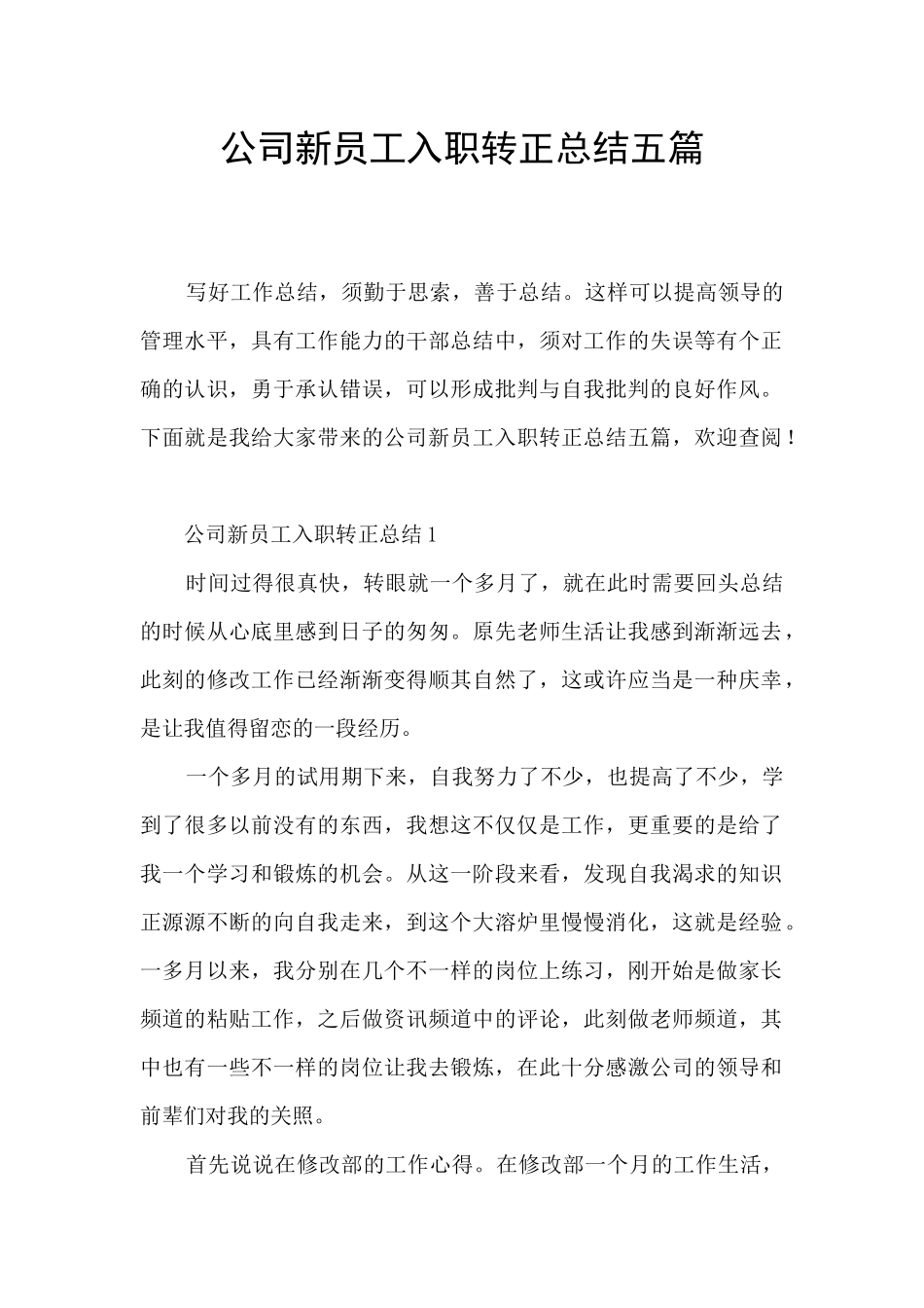 公司新员工入职转正总结五篇_第1页