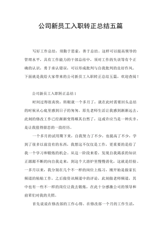 公司新员工入职转正总结五篇
