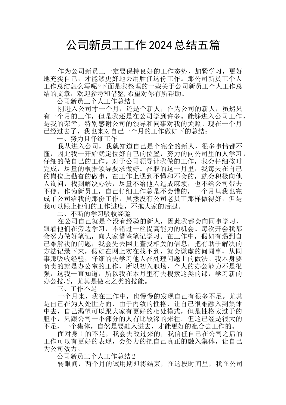 公司新员工工作2024总结五篇_第1页
