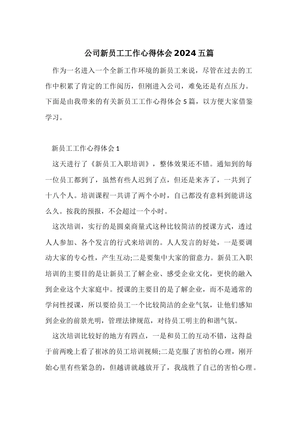 公司新员工工作心得体会2024五篇_第1页