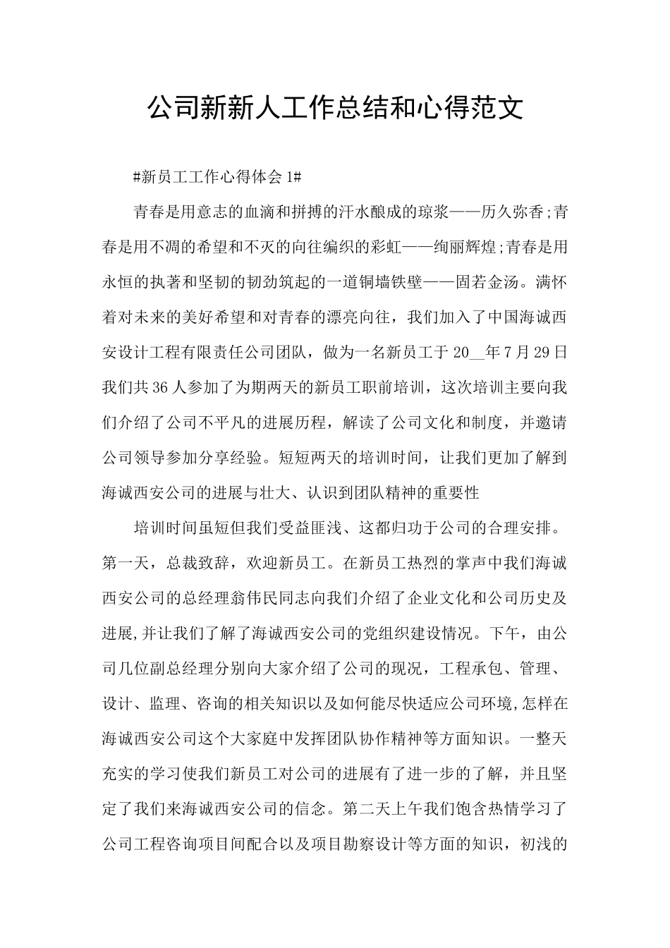 公司新新人工作总结和心得范文_第1页