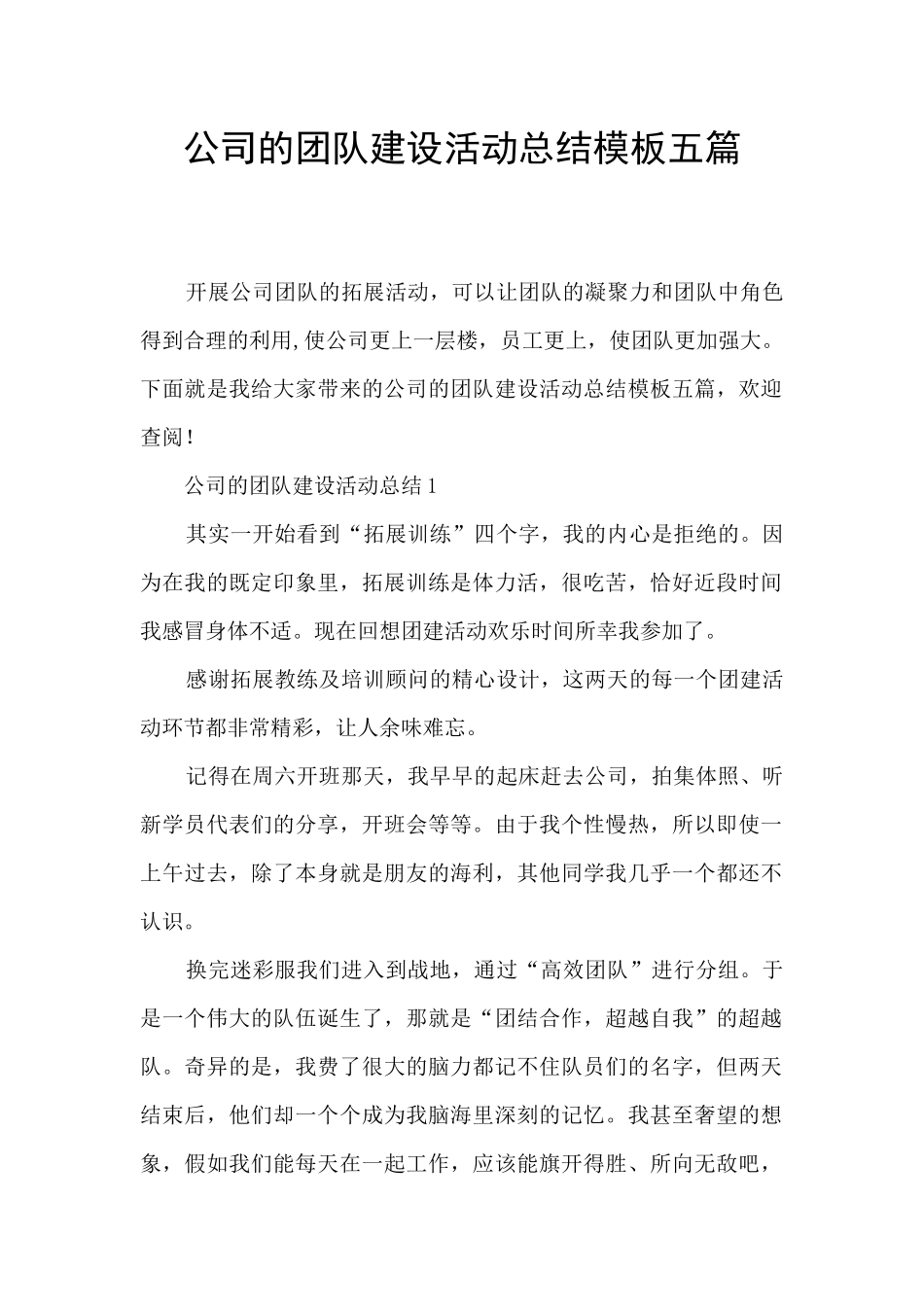 公司的团队建设活动总结模板五篇_第1页