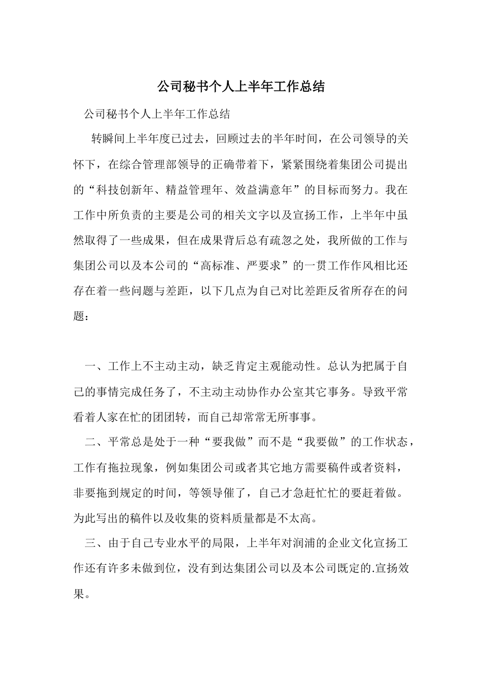 公司秘书个人上半年工作总结_第1页