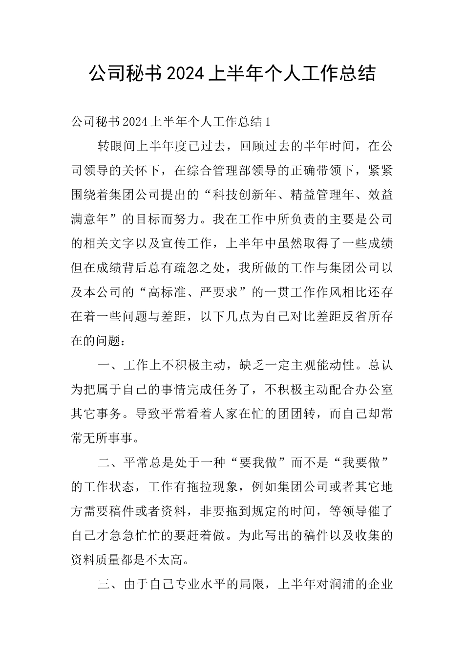 公司秘书2024上半年个人工作总结_第1页