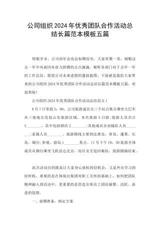 公司组织2024年优秀团队合作活动总结长篇范本模板五篇