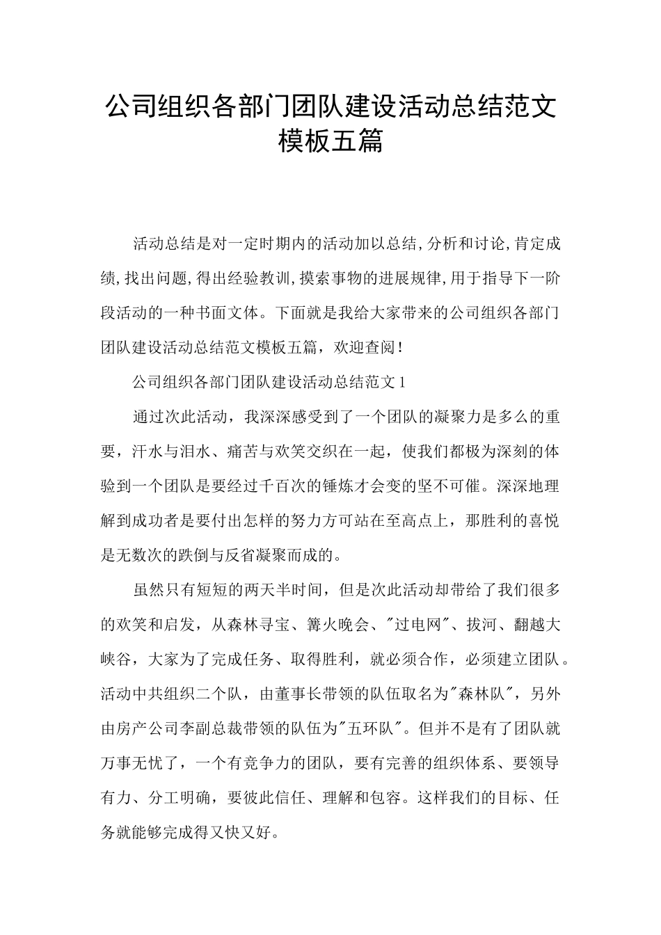 公司组织各部门团队建设活动总结范文模板五篇_第1页