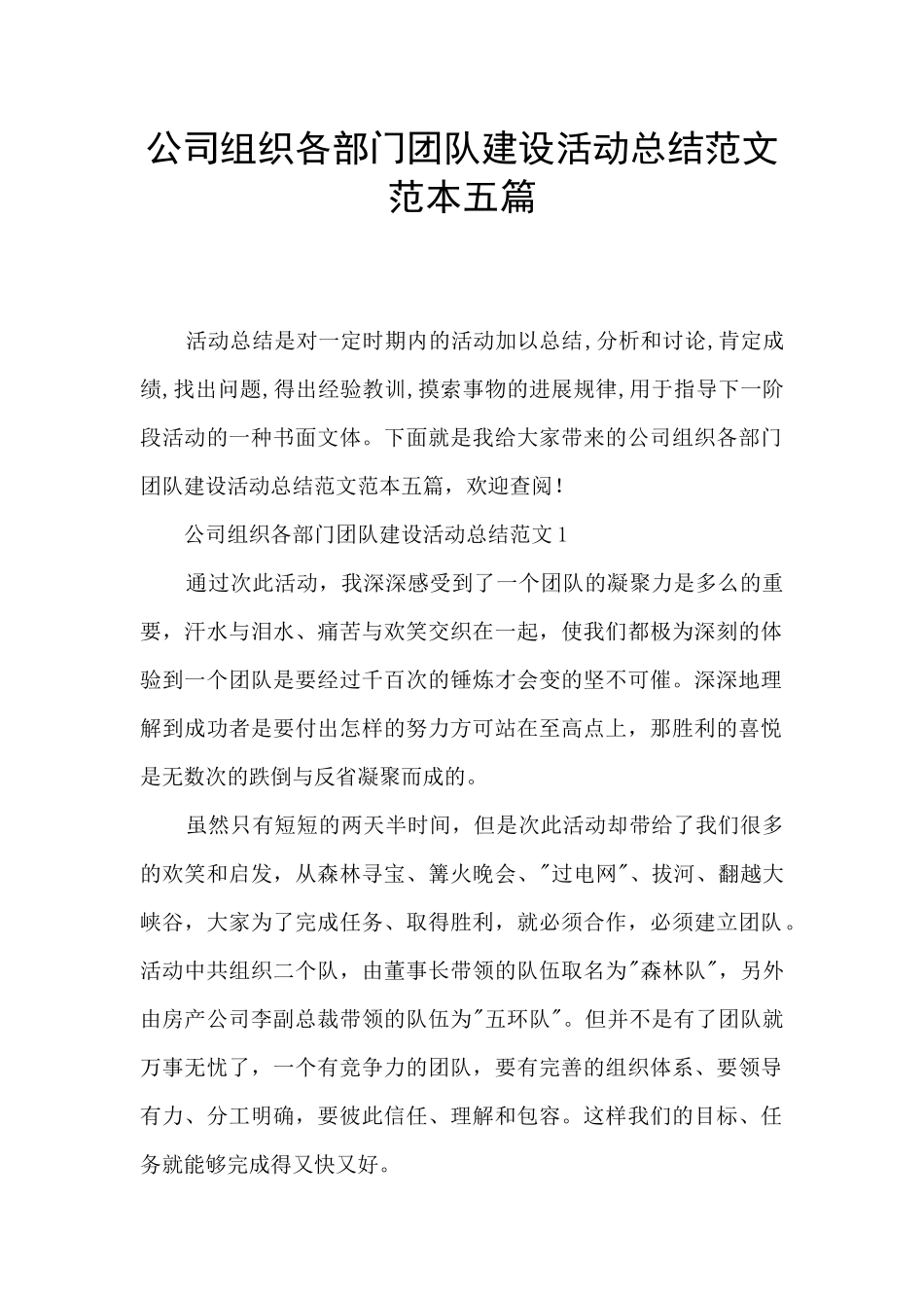 公司组织各部门团队建设活动总结范文范本五篇_第1页