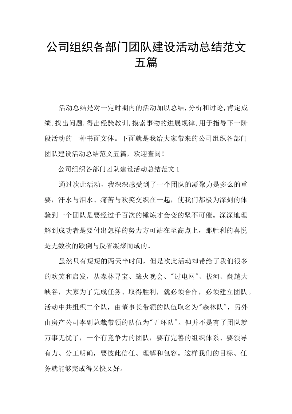 公司组织各部门团队建设活动总结范文五篇_第1页