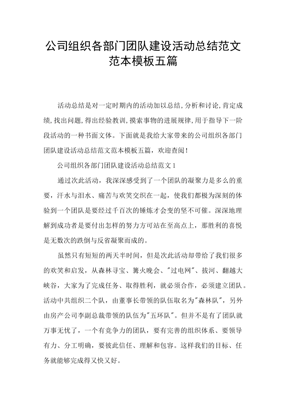 公司组织各部门团队建设活动总结范文范本模板五篇_第1页