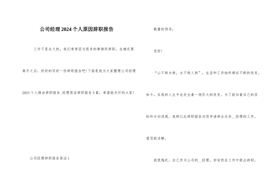 公司经理2024个人原因辞职报告_第1页