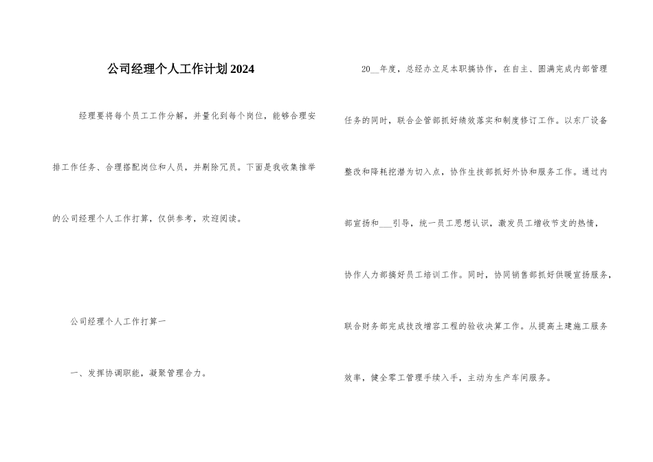 公司经理个人工作计划2024_第1页