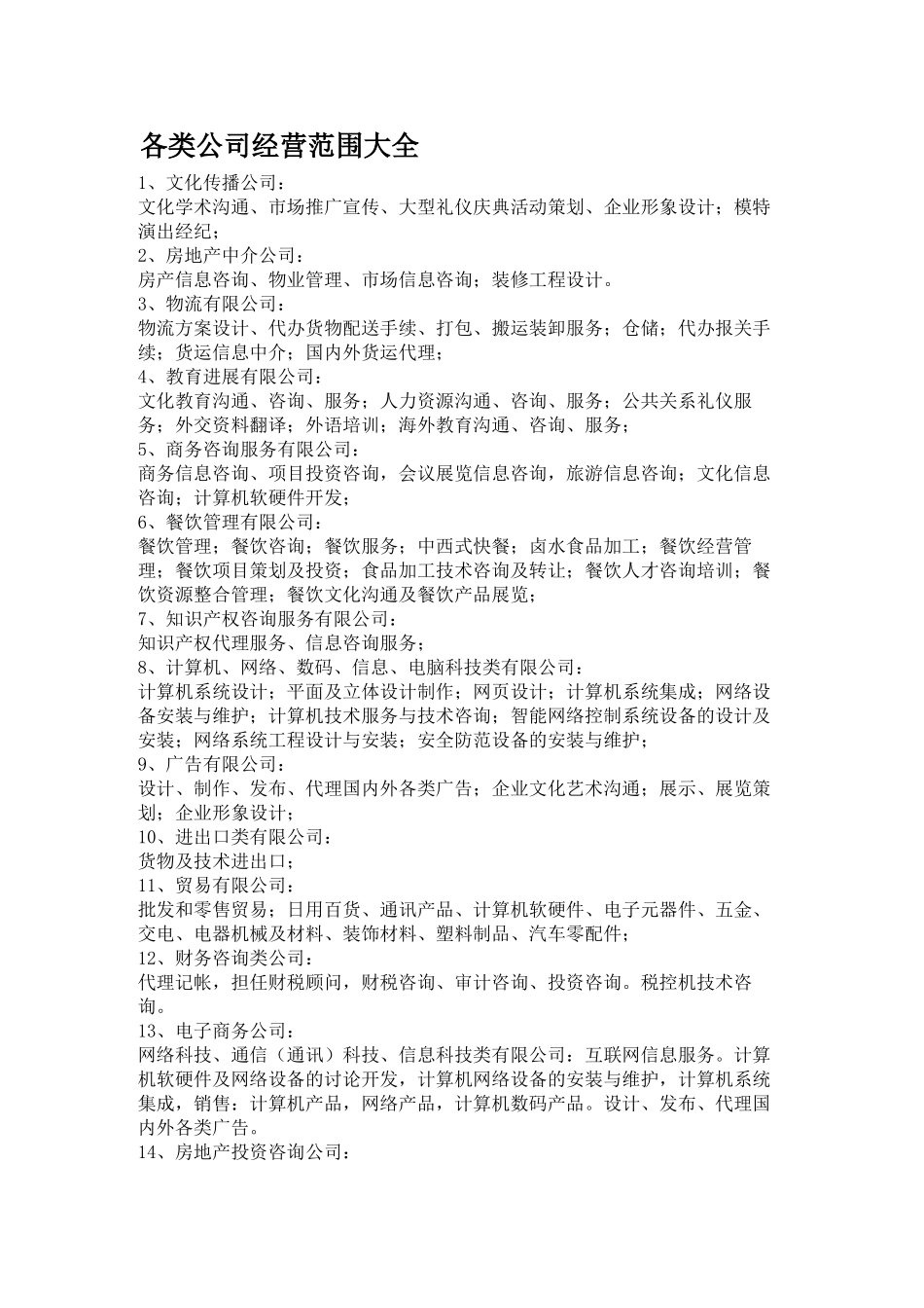 公司经营范围、前后置审批列表_第1页