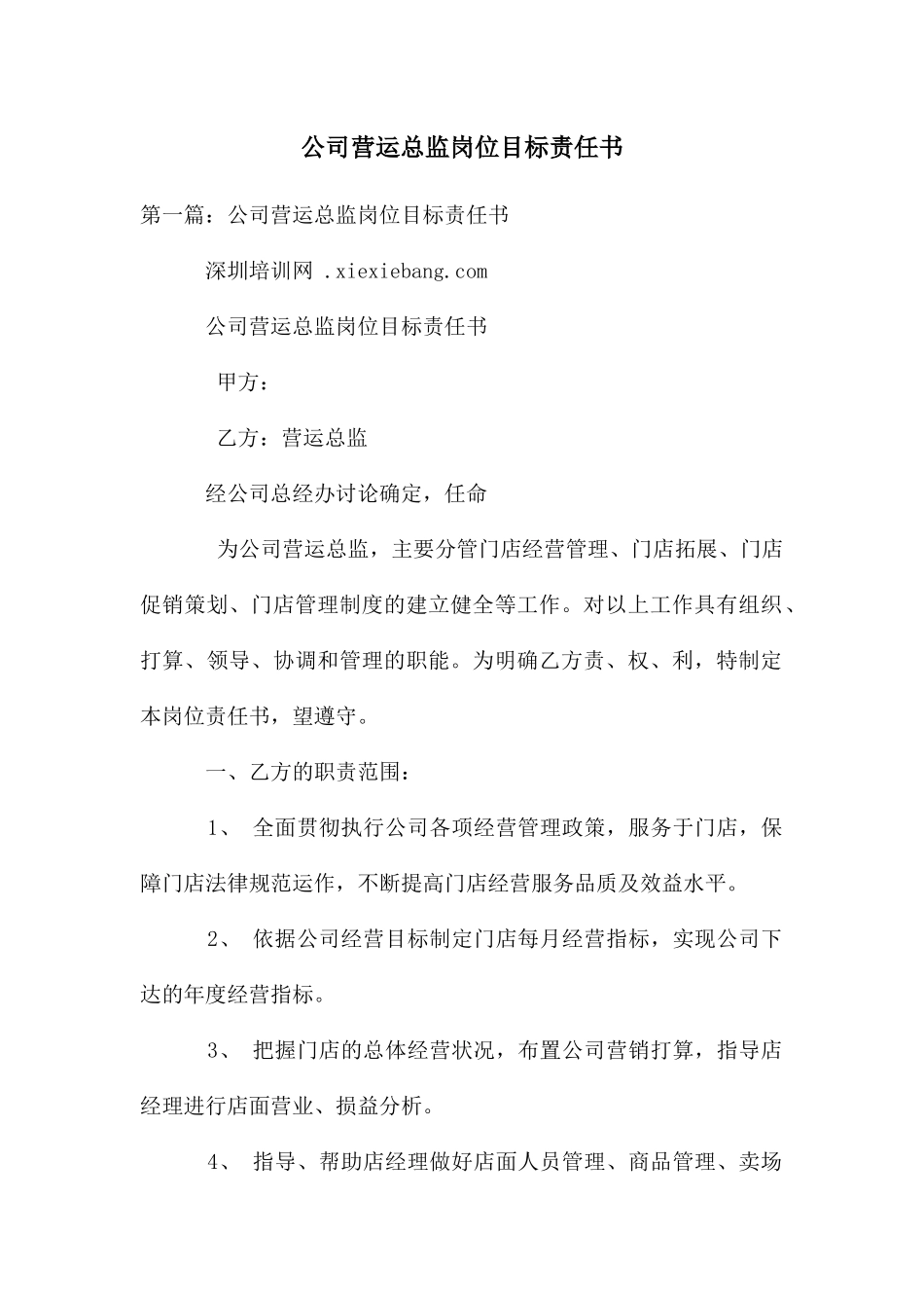 公司营运总监岗位目标责任书_第1页