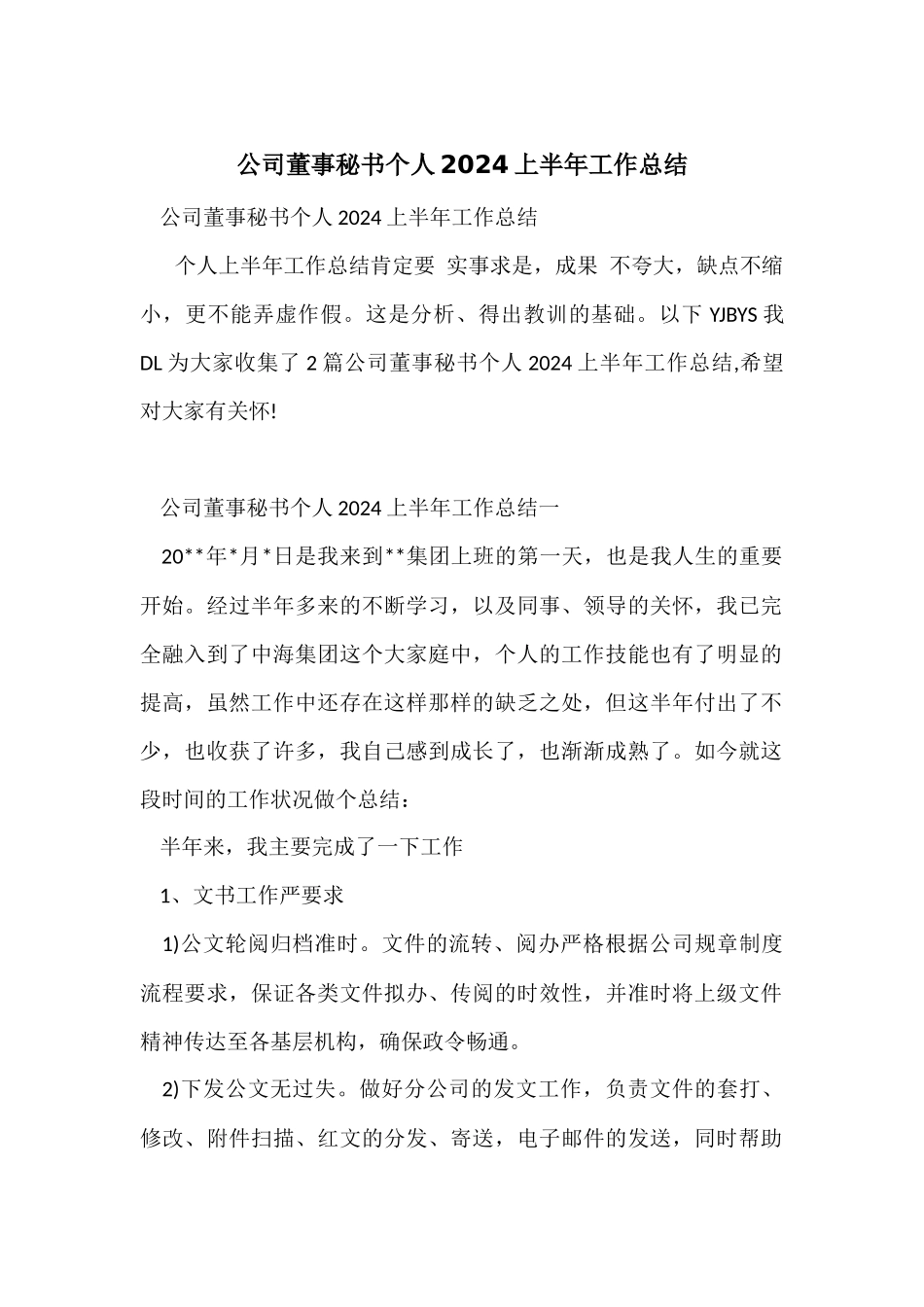 公司董事秘书个人2024上半年工作总结_第1页