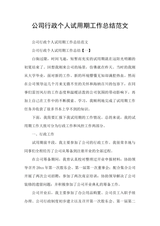 公司行政个人试用期工作总结范文