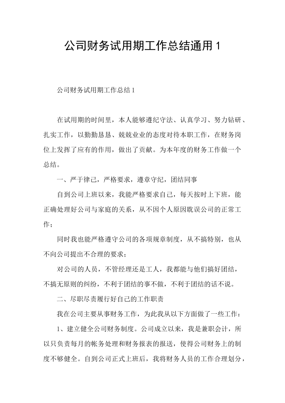 公司财务试用期工作总结通用1_第1页