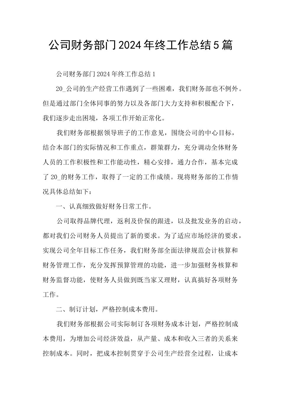 公司财务部门2024年终工作总结5篇_第1页
