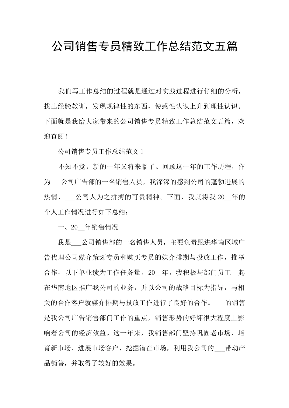 公司销售专员精美工作总结范文五篇_第1页