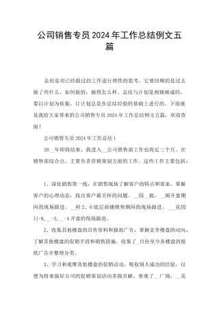 公司销售专员2024年工作总结例文五篇
