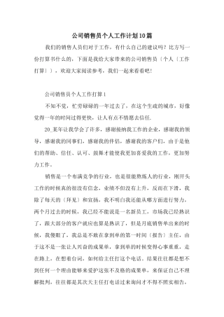 公司销售员个人工作计划10篇