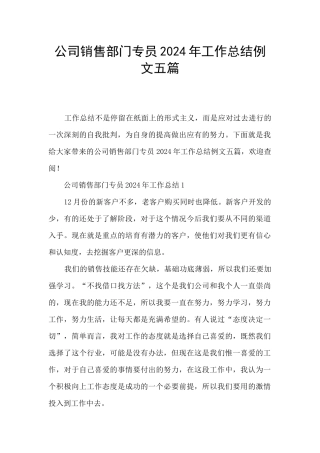 公司销售部门专员2024年工作总结例文五篇