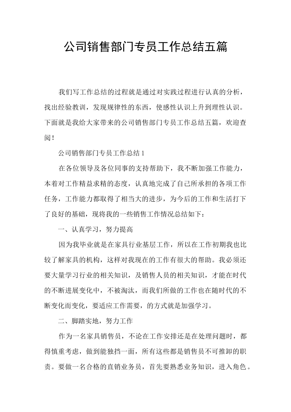 公司销售部门专员工作总结五篇_第1页