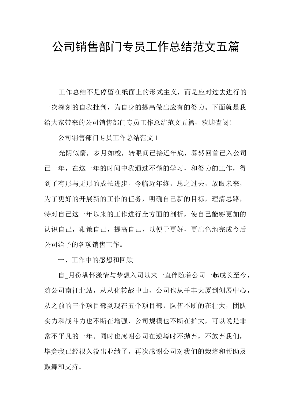 公司销售部门专员工作总结范文五篇_第1页