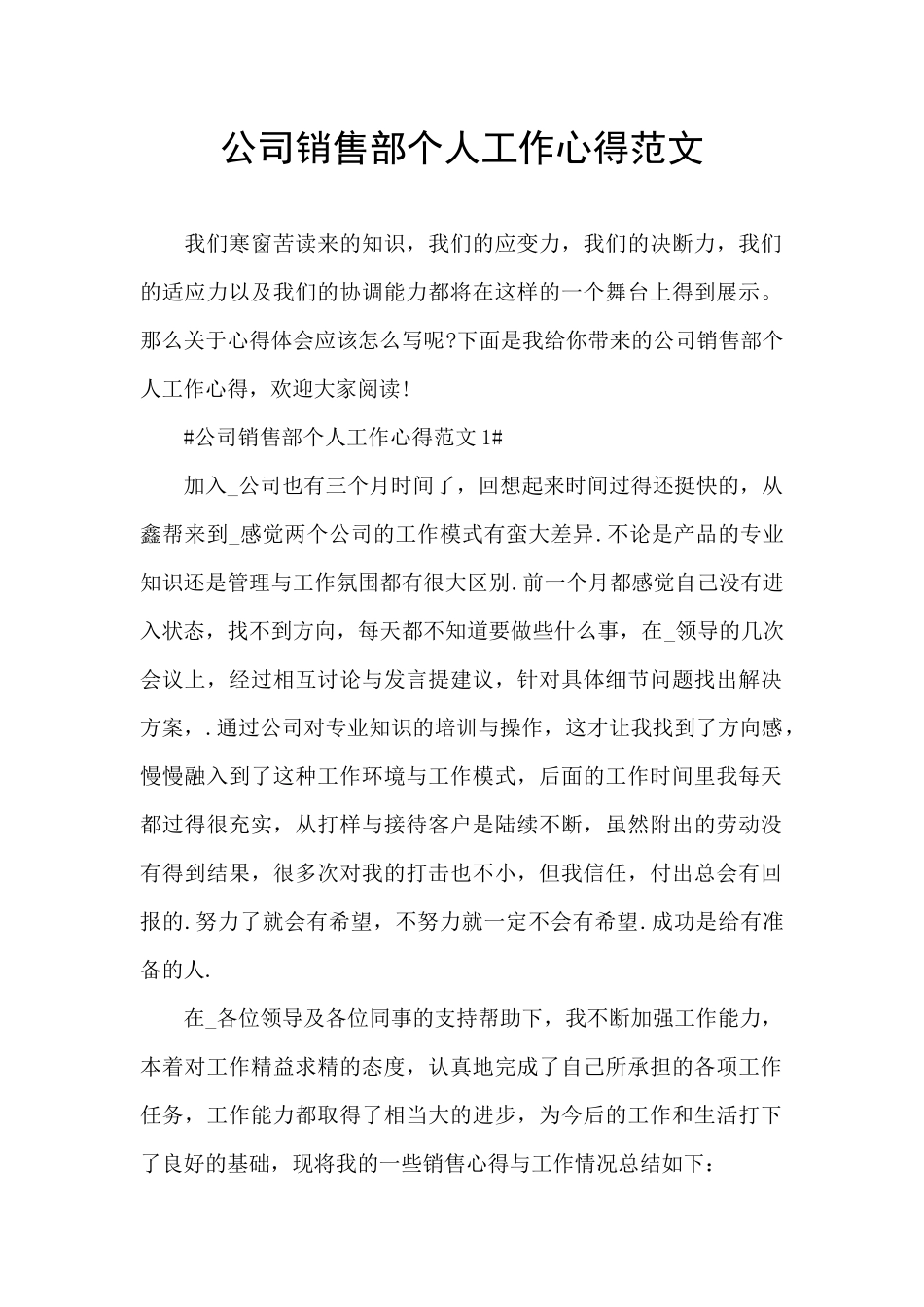 公司销售部个人工作心得范文_第1页