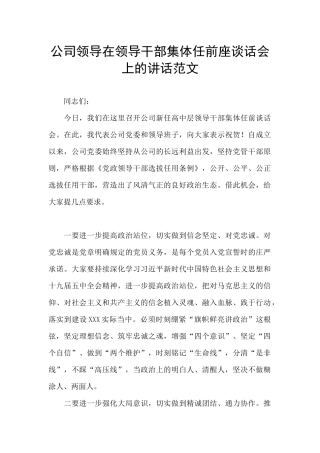 公司领导在领导干部集体任前座谈话会上的讲话范文