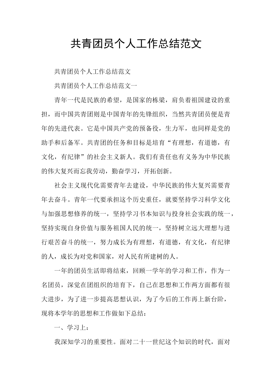 共青团员个人工作总结范文_第1页