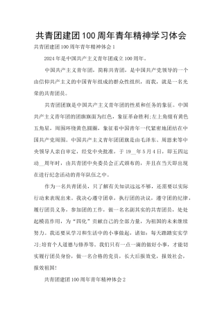 共青团建团100周年青年精神学习体会
