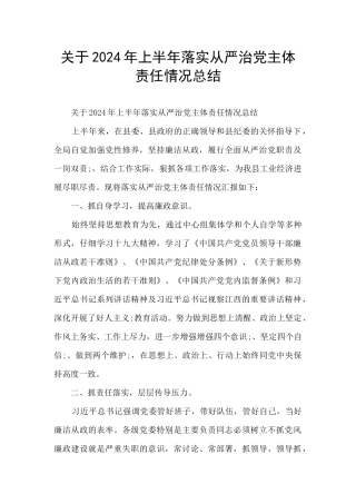 关于2024年上半年落实从严治党主体责任情况总结