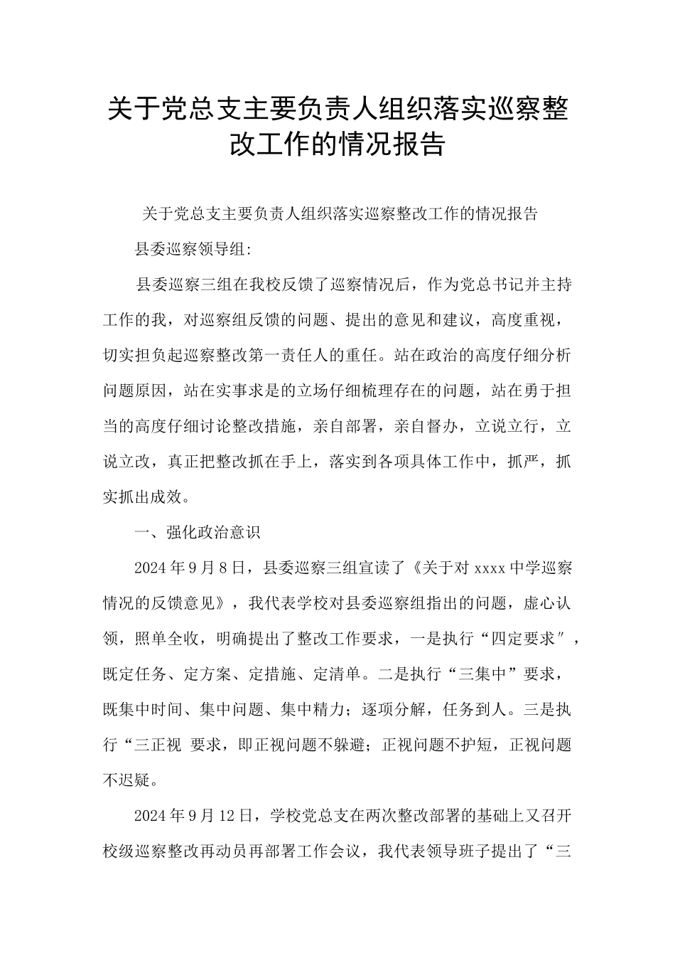 关于党总支主要负责人组织落实巡察整改工作的情况报告_第1页