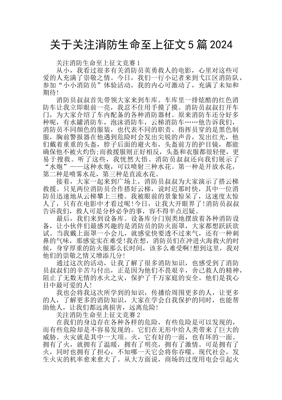 关于关注消防生命至上征文5篇2024_第1页