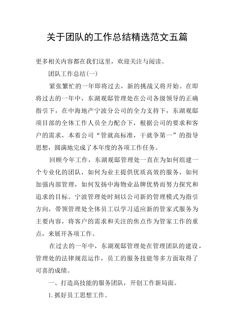 关于团队的工作总结精选范文五篇_第1页