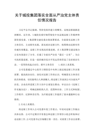 关于城投集团落实全面从严治党主体责任情况报告