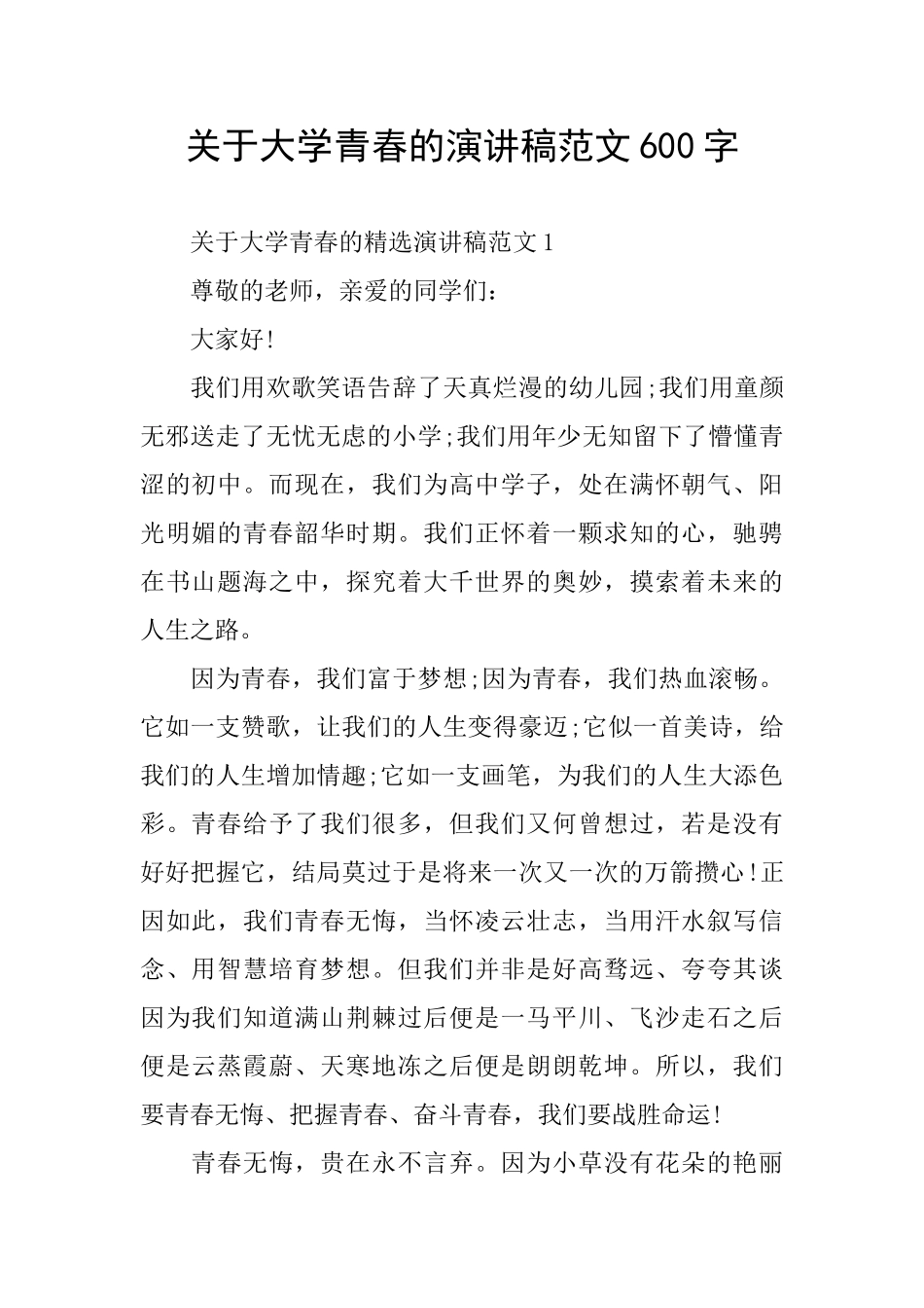 关于大学青春的演讲稿范文600字_第1页