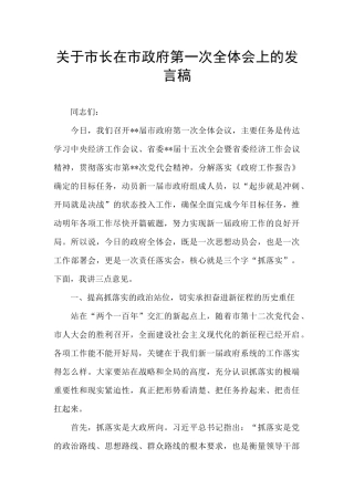 关于市长在市政府第一次全体会上的发言稿