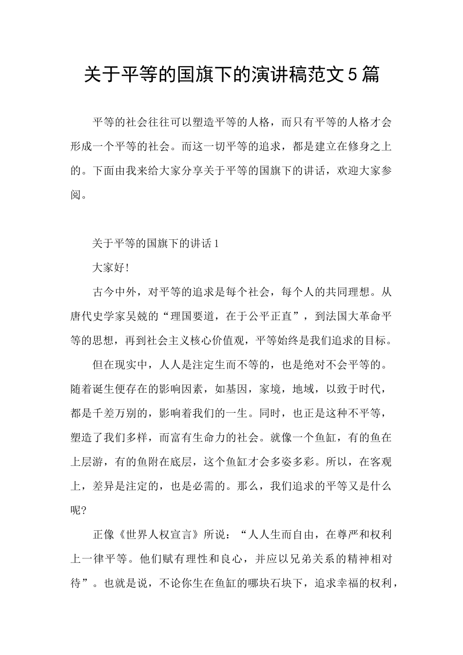 关于平等的国旗下的演讲稿范文5篇_第1页