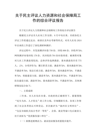 关于民主评议人力资源和社会保障局工作的综合评议报告