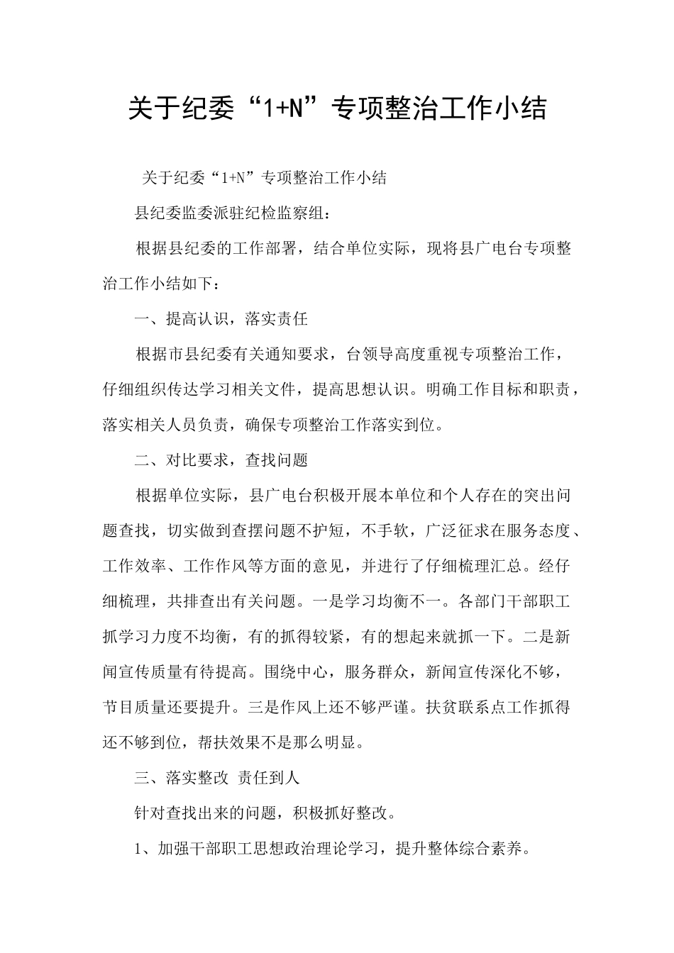关于纪委“1+N”专项整治工作小结_第1页