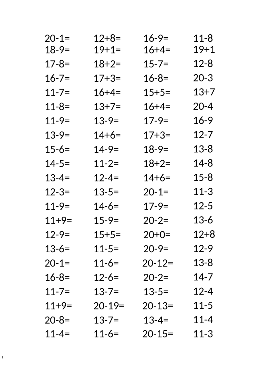 20以内加减法题库_第1页